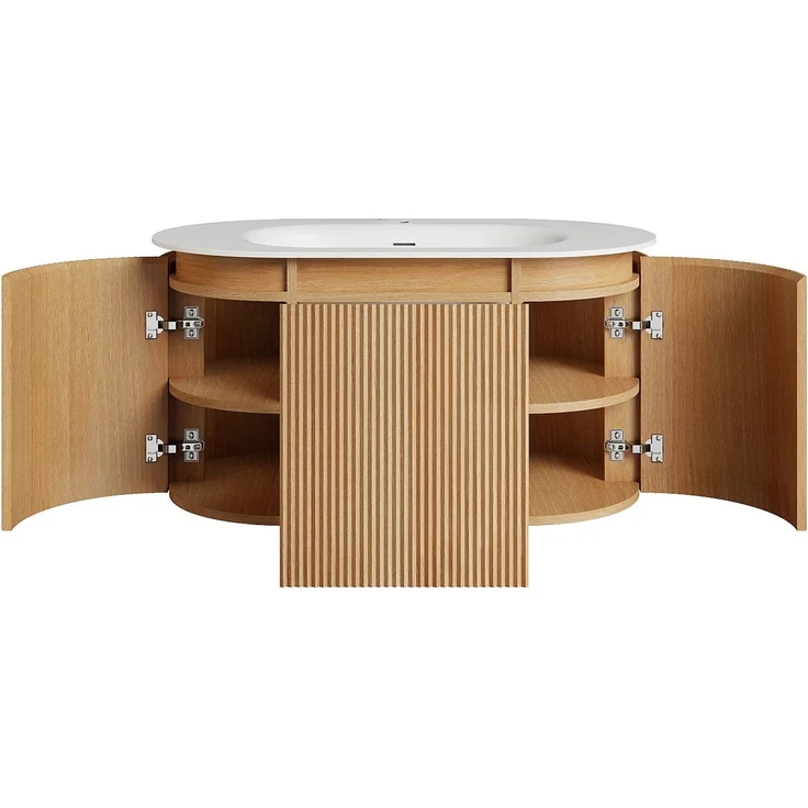 Vente-unique - Hängender Badschrank gestreift aus Eschenholz mit Einbau-Waschbecken aus mattem Harz – Hellnatur – L90 cm – LILIKO – Bild 5