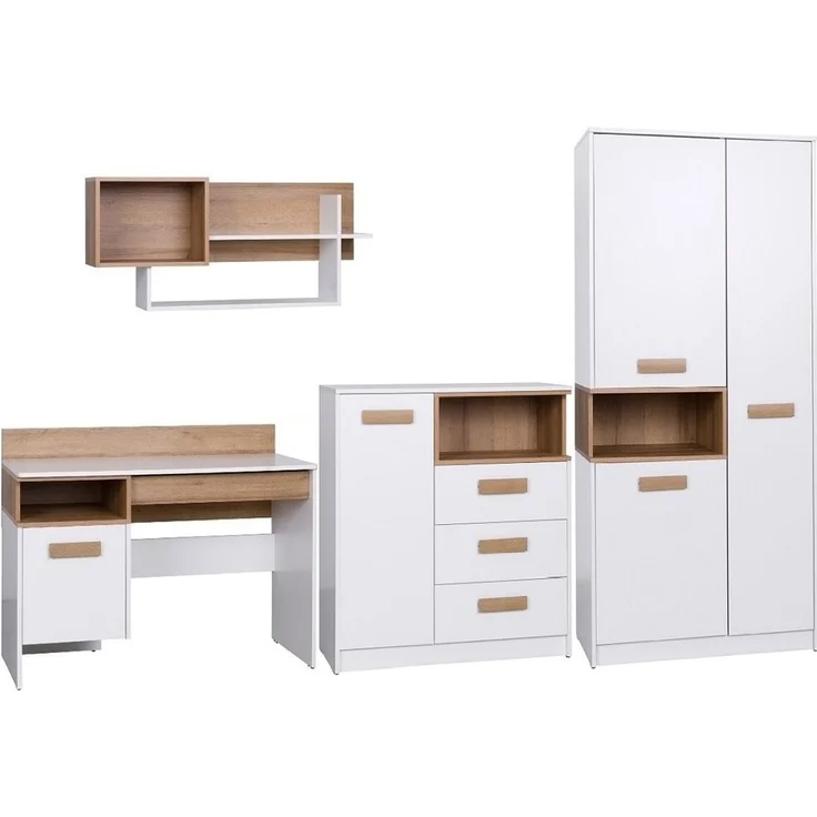 Marmex Möbel Grant Set-R Jugendzimmer-Set 4-teilig mit Kleiderschrank mit Kleiderstange, Schreibtisch, Kommode und Wandregal, Kinderzimmer Komplett Set mit Schreibtisch, laminierte Spanplatte, weiß+riviera Eiche, 286x195x55 cm – Bild 6