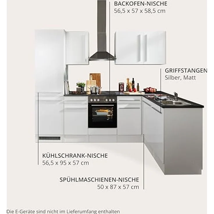Jazz 8 Moderne Eckküche ohne Elektrogeräte in Weiß Hochglanz, Metallic Grau - Geräumige Küchenzeile in L-Form mit viel Stauraum - 280 x 211 x 60 cm (B/H/T) – Bild 7
