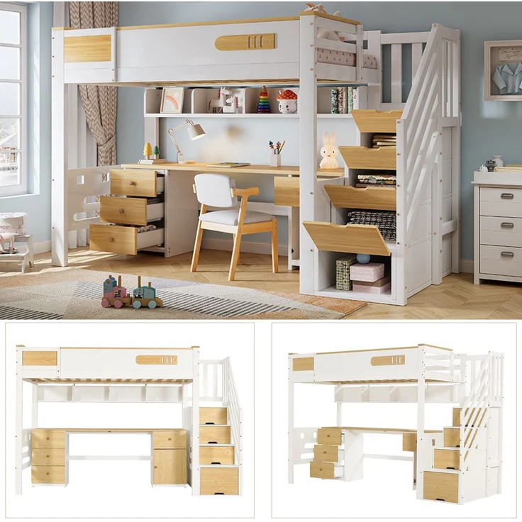 Hochbett mit Schreibtisch, Rausfallschutz, Lattenrost und Stauraum, 90x200 cm, Kinderbett, Kiefer – Bild 3