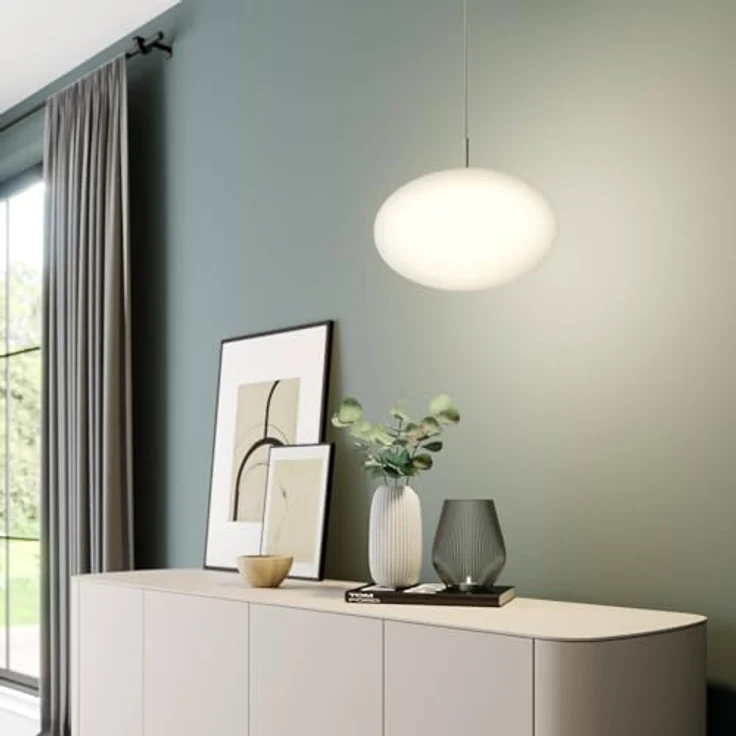 Lindby Hängeleuchte Sonika, Ø 40 cm, nickelfarben, ovaler Glasschirm, E27, opal-mattiert, moderne Grundbeleuchtung – Bild 3