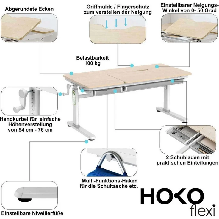 HOKO Kinderschreibtisch höhenverstellbar für Kinderzimmer (Kinderschreibtisch, mit 80x40 cm neigbarer Tischplatte, Buchstütze und 2 Schubladen), 120x60 cm Arbeitsfläche, für Kinder ab 6, Holzoptik, CELIN & ALVO – Bild 3