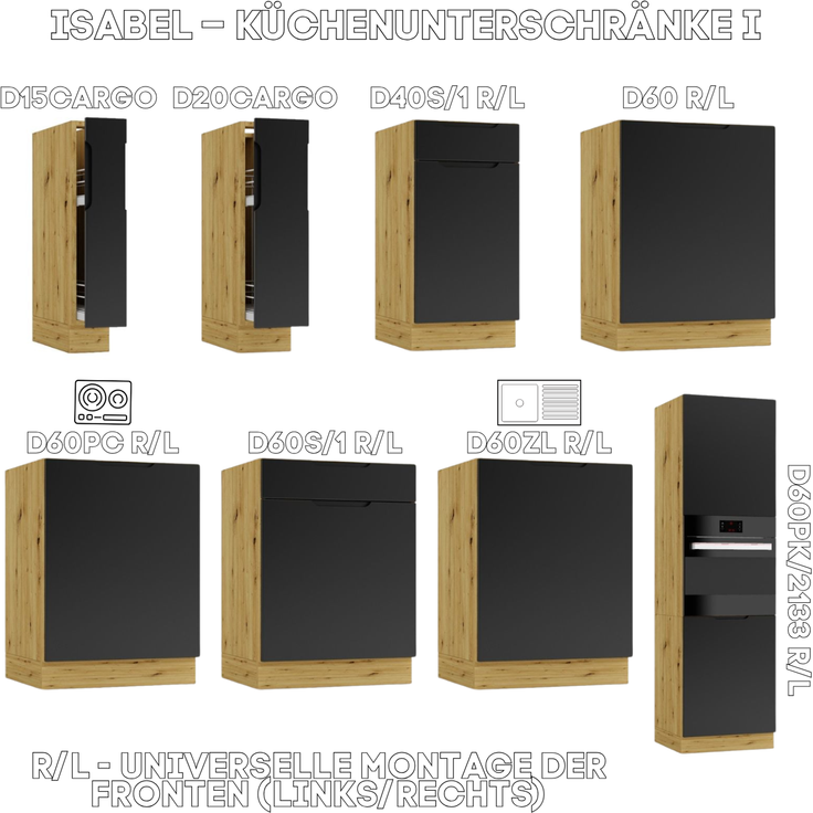 Küchenunterschrank 15 cm - Eiche Artisan und Schwarz - mit Schublade und Korb mit 2 Einlegeböden - ohne Arbeitsplatte - Modulküche – Bild 9