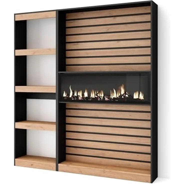 Skraut Home | Bücherregal Bibliothek | Bookshelf, Bookcase | 170 x 186 x 25 cm | Wohnzimmer, Esszimmer, Büro | Elektrokamin. Maße | Moderner Stil | Weiß und Schwarz