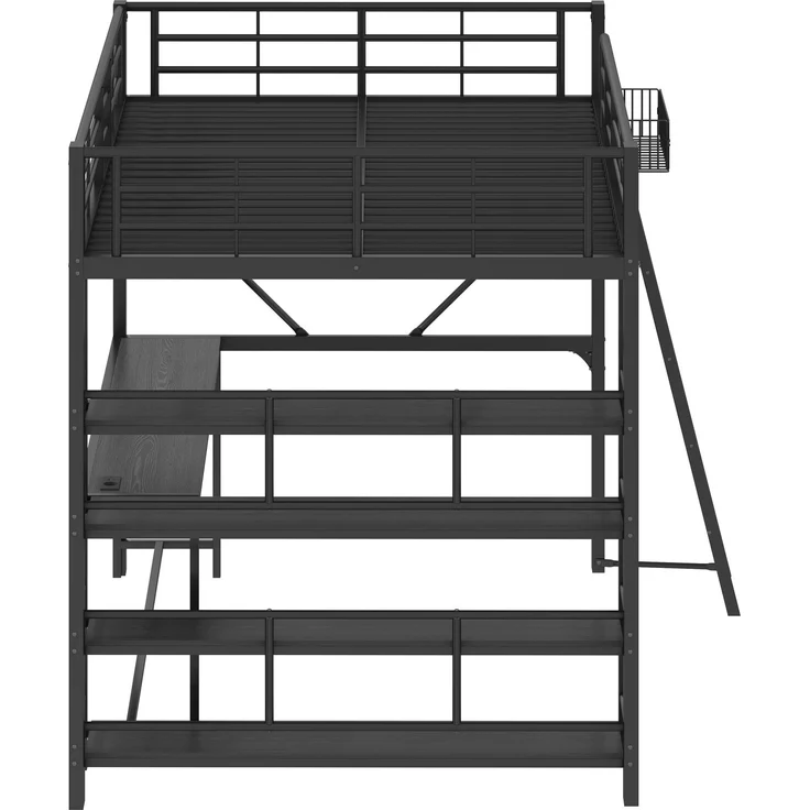 Metall-Hochbett (140 x 200 cm) mit integriertem Schreibtisch, Aufbewahrungskorb, Staufächern, USB-Ladestation und LED-Beleuchtung, Schwarz. – Bild 9