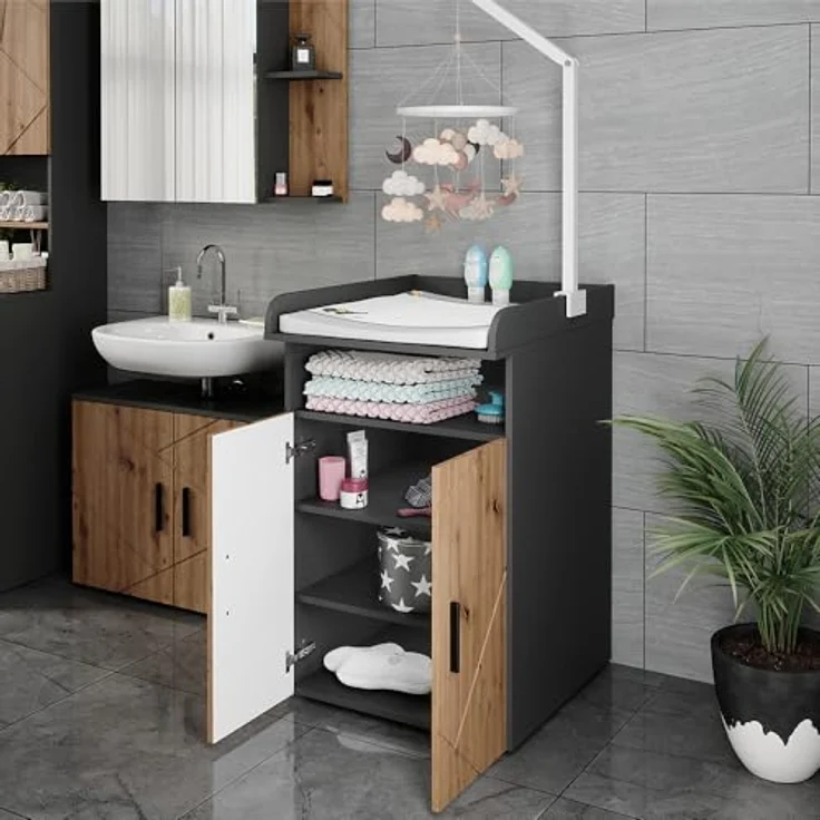 Vichy Wickelkommode Irma, Anthrazit/Goldkraft Eiche, 60 x 97 cm mit praktischem Wickelaufsatz und seitlichen Ablagefächern – Bild 4