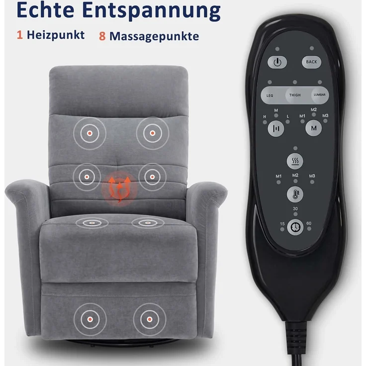 M MCombo Relaxsessel Fernsehsessel mit Liegefunktion Manuell, Massagesessel mit Wärmefunktion, TV Sessel mit Wippfunktion & Drehfunktion, 270° Drehbar, 7013 (Hellgrau) – Bild 4