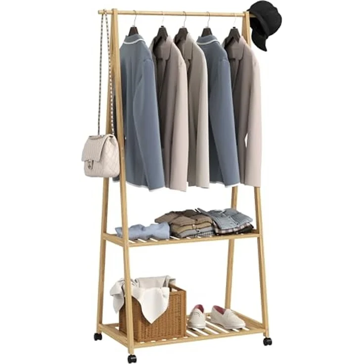 HOMCOM Garderobenständer mit 2 Regalen und 4 Rollen, (Kleidungsständer, 1 St, Kleiderständer mit Schuhregal), für Flur, Wohnzimmer, Schlafzimmer, Naturholz – Bild 1