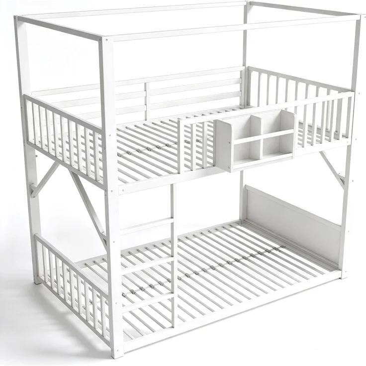 Metall-Etagenbett 90 x 200 cm für Kinder und Jugendliche, platzsparendes Einzelbettgestell mit Dachkonstruktion, Modernes Kinderetagenbett Weiß – Bild 7