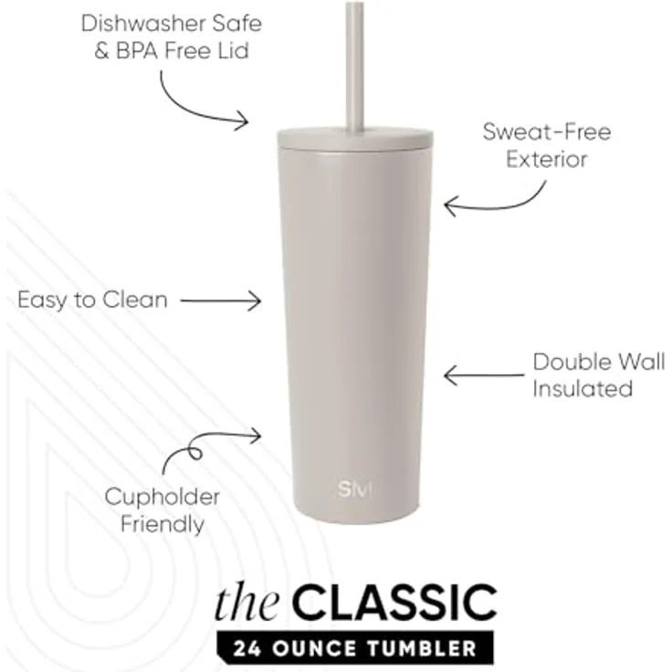 Simple Modern Thermobecher mit Strohhalm und Deckel | Trinkbecher mit Henkel Wiederverwendbare Edelstahl | Geschenke für Frauen und Männer | Classic | 710ml | Almond Birch – Bild 2