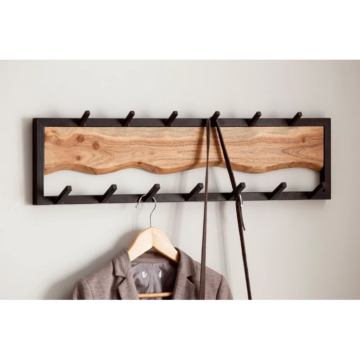 Wohnling Wandgarderobe Akazie Massivholz Metall 80x20x8cm Hakenleiste Wellenmuster – Bild 4