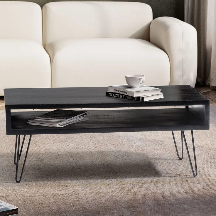 Wohnling Couchtisch Mango Massivholz 100x50x40cm Metall Schwarz Rechteckig mit Stauraum