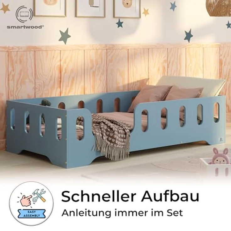 smartwood Kinderbett Bodenbett 90x200 mit Rausfallschutz & Lattenrost - Blau - Kinder Montessori Bett TILA 2L mit glatten Kanten - Betten für schnelle Montage - Bis 230 kg belastbar – Bild 5