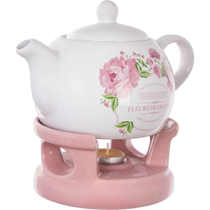 KADAX Teekanne 1L mit Stövchen Set, Kaffeekanne aus Porzellan mit Deckel, Griff und Teestövchen, Kanne mit Teelicht Wärmer für Tee, Teeservice (Rosa/Weiß, Ohne Tassen) – Bild 5