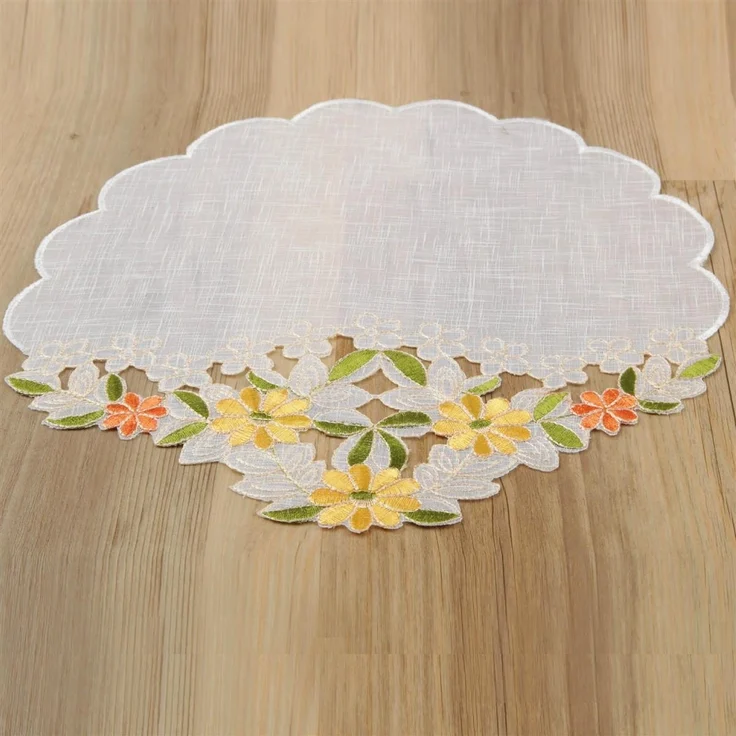 ARSVITA Tischdecke mit Stickerei, mit Blumen oder Schmetterlingen bestickte 30x30cm Decke für den Tisch, in vielen verschiedenen Designs verfügbar Grün - Gelb Rund – Bild 3