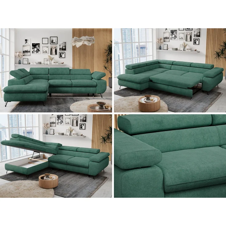 Mks Möbel 'Peter L-form' Ecksofa mit Bettfunktion, Bettkasten & einstellbaren Kopfstützen, Grün, Stoff, links – Bild 2
