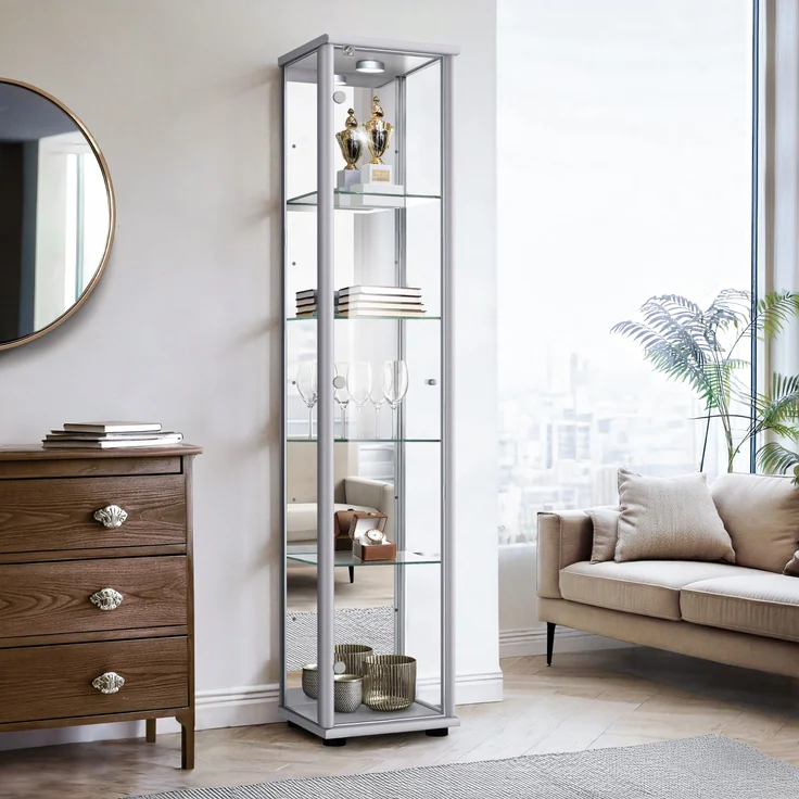 K-Mbel Sammlervitrine (176x37x33cm) - Made in Germany - Vitrinenschrank Silber / Alu mit 4 hhenverstellbaren Glasbden, Spiegel, Schloss & LED - Glasvitrine Stehend - Display Cabinet – Bild 1