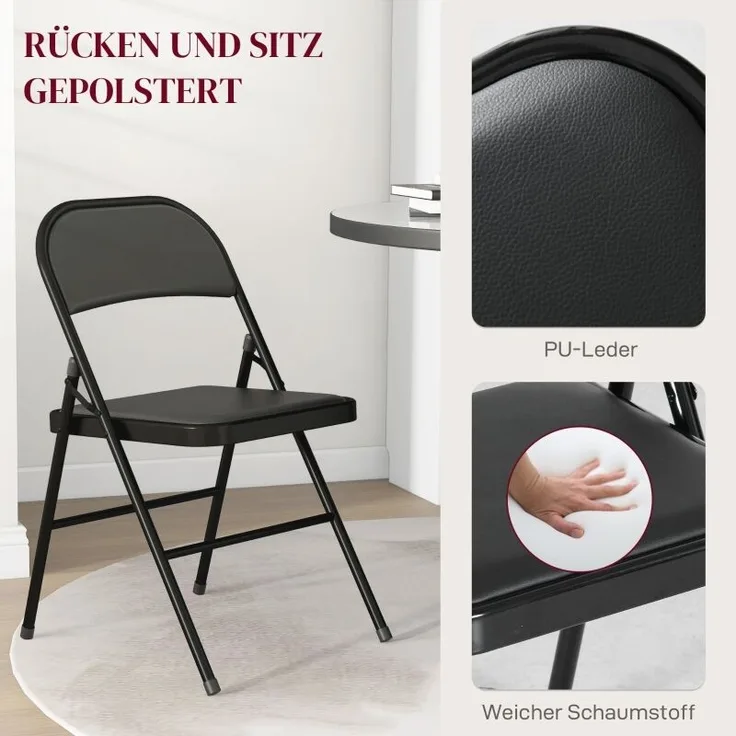 Stuhl 45x46x78 cm, faltbar, gepolstert mit Kunstleder, Metalllgestell, schwarz, 4er-Set