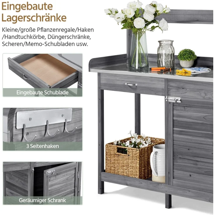 Yaheetech Pflanztisch Garten Pflanztisch mit Schubladen & Unterschrank, Outdoor Gärtnertisch Holzpflanztisch mit verzinkt Arbeitsplatte, Grau – Bild 6
