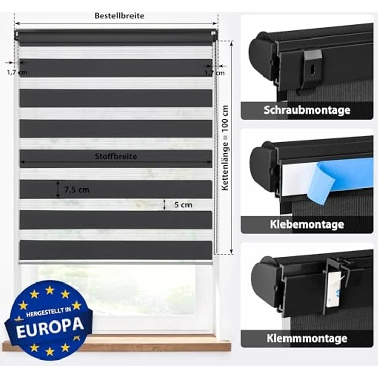Doppelrollo 35 x 120 cm, schwarz [Stoffbreite 31,6 cm], jalousiescout, blickdicht, mit Bohren/ohne Bohren, freihängend, Klemmen, Kleben und Schrauben OHNE Aufpreis, Lichtdurchlässig, Klemmträger, Feuchtraumgeeignet – Bild 2