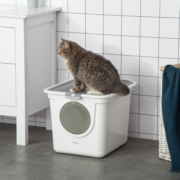 Katzentoilette mit Deckel Katzenklo mit Schaufel, bis 5 kg, Indoor, Kunststoff, Grau+Weiß, 44x55x39cm--Weiß--44x55x39cm--YOUDENOVA – Bild 2