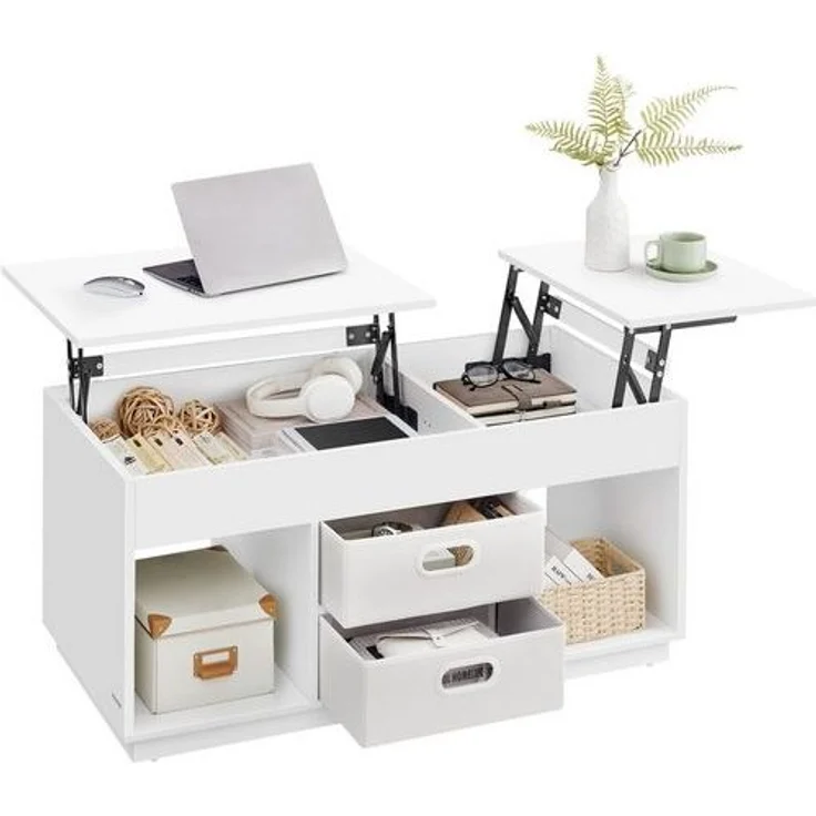 Vasagle Couchtisch, höhenverstellbarer Wohnzimmertisch, 2 Schubladen und versteckte Fächer, Kaffeetisch, offene Fächer, für Wohnzimmer, Homeoffice, schneeweiß