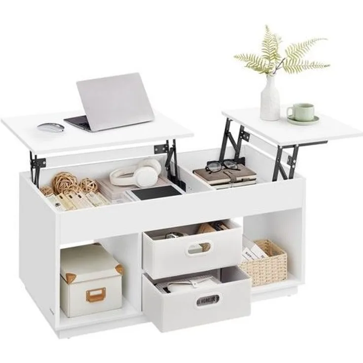Vasagle Couchtisch, höhenverstellbarer Wohnzimmertisch, 2 Schubladen und versteckte Fächer, Kaffeetisch, offene Fächer, für Wohnzimmer, Homeoffice, schneeweiß
