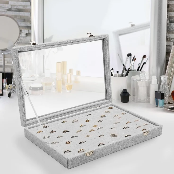 Belle Vous Schmuckständer Graue Schmuckaufbewahrungsbox: Ringbox mit 100 Fächern & Glasdeckel, Jewelry Storage Box: Gray Ring Box with 100 Compartments & Glass Lid – Bild 6