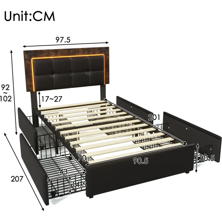 Merax Polsterbett, mit LED-Beleuchtungsleiste und 4 Schubladen, Höhenverstellbares Kopfteil, Funktionsbett, Ohne Matratze, PU Schwarz/Grau, 90x200cm – Bild 4