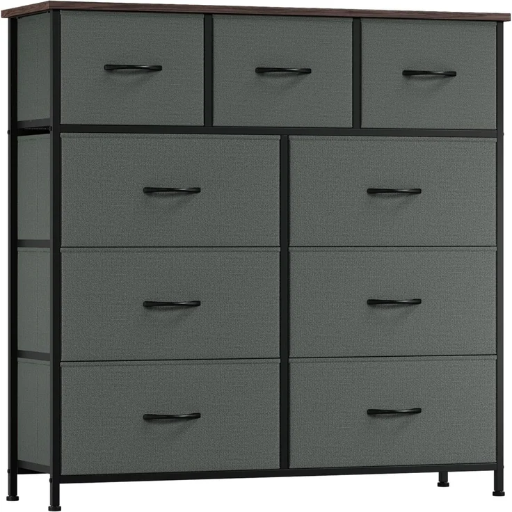Somdot Kommode mit Schubladen, Stoffkommode, Kommode für Schlafzimmer Wohnzimmer Flur, Komodenschrank Schubladenschrank Aufbewahrungsschrank, 9 Stoffschubladen, Kohlegrau