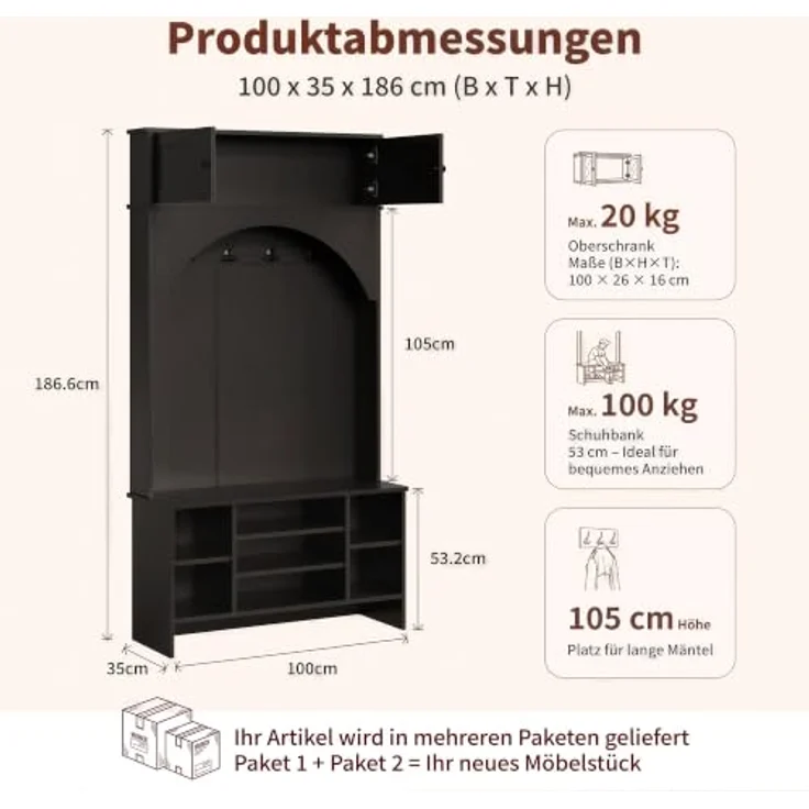 IRONCK Garderobenständer, Garderobe mit Sitzbank und Schuhregal Schwarz | Flurmöbel mit Oberschrank, 4 Dreifach-Haken und 7 Schubfächern, Kleiderständer, Eingangsmöbel für Schlafzimmer 100x35x186 cm – Bild 7