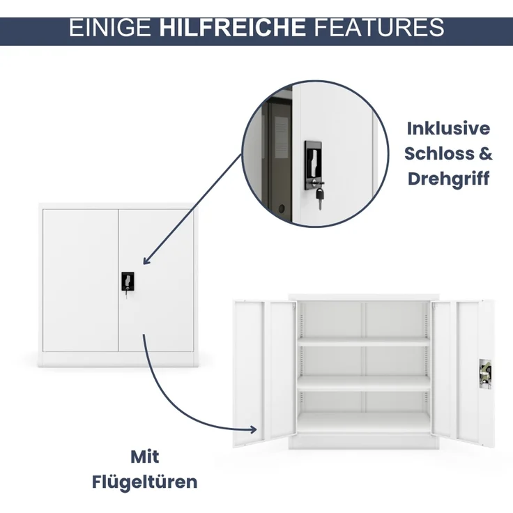 Aktenschrank abschließbar KADO - 3 Ebenen verstellbar, Flügeltüren | Metallschrank Werkstatt Mehrzweckschrank Büroschrank aus Stahl Werkzeugschrank, 93 x 90 x 60 cm Weiß – Bild 5