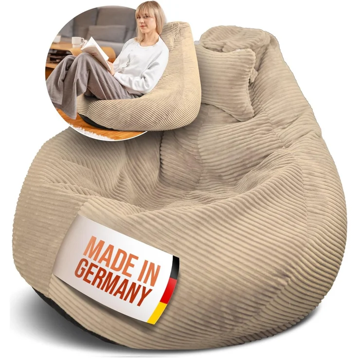 LazyCloud Sitzsack für Erwachsene mit integrierter [Nackenstütze] Cord | XXL Indoor Bean Bag mit Füllung | perfekt als Chill-, Lese- oder Gaming Sessel (90 x 80 x 70 cm) (Sandbeige) – Bild 1