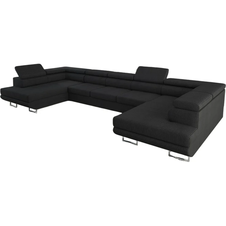 thematys Ecksofa Aston U 403 x 203 cm, mit Schlaffunktion, mit Bettkasten, mit verstellbaren Kopfstützen, Schwarz (Poso 135), Ausrichtung 390 cm – Bild 2