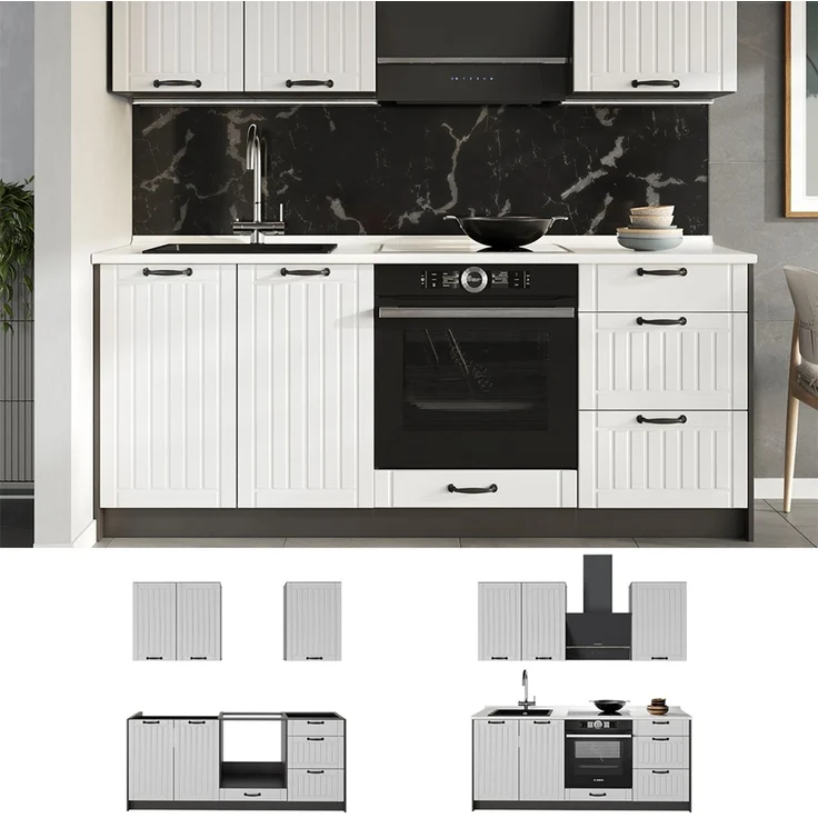 Singleküche Fame-Line Weiß Landhaus/Anthrazit 190 cm, AP Marmor Vicco – Bild 4