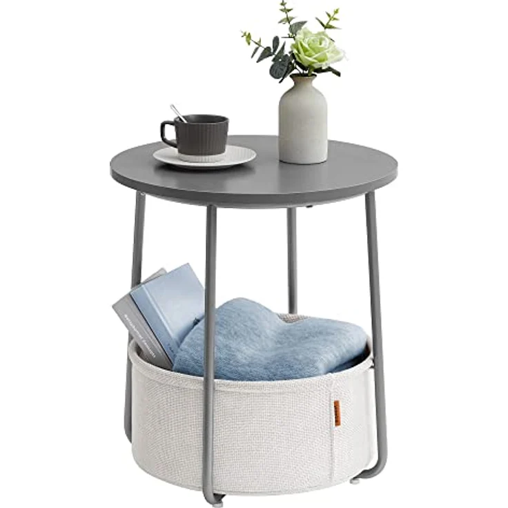 VASAGLE Beistelltisch rund, Kleiner Tisch, Couchtisch klein, Wohnzimmertisch, Korb aus Stoff, Stauraum für Wohnzimmer Schlafzimmer, Nachttisch modern, zementgrau-cremeweiß LET223G49 – Bild 4