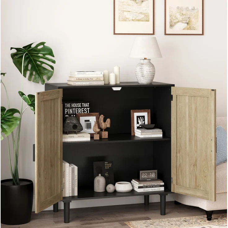 DESVIAE Sideboard mit Rattantüren 80x88x40 cm MDF Schwarz – Bild 4