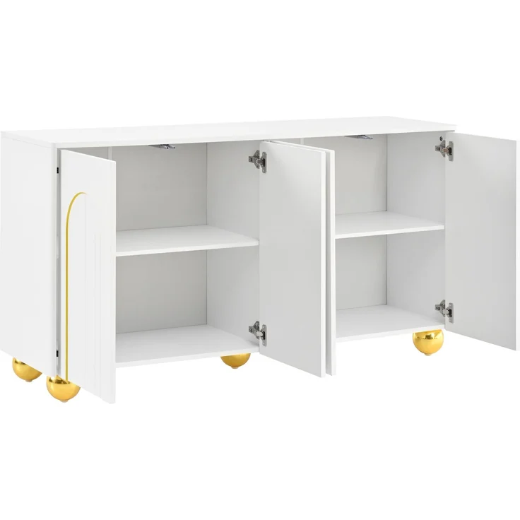 Merax Wohnzimmerschrank, Viertüriges Sideboard, Esszimmer Staurschrank mit Bogen-Goldlinien-Dekor, mit kugelförmigen Metallfüßen, Weiß – Bild 9
