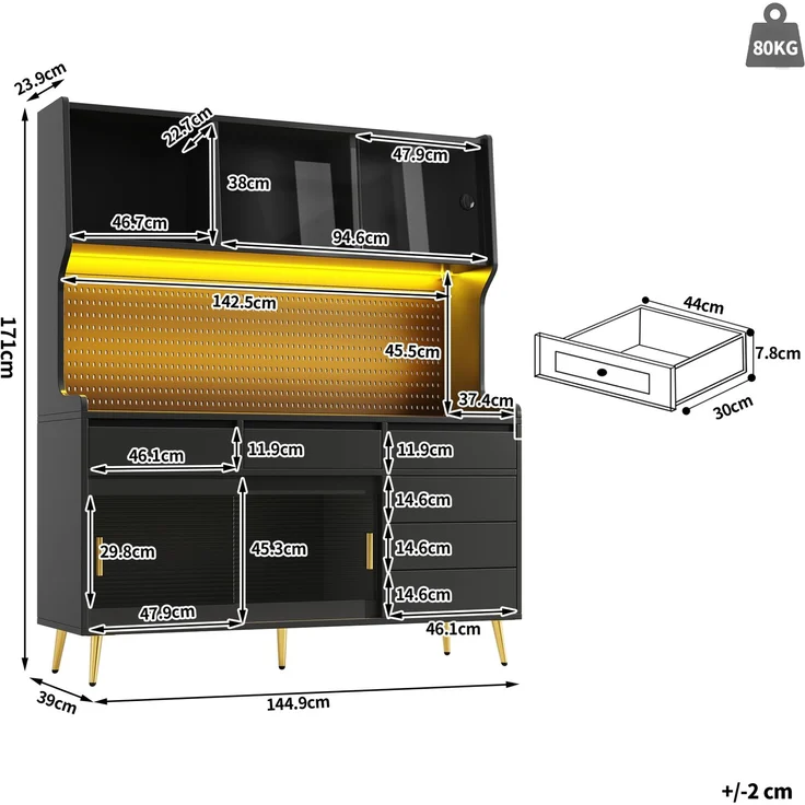 Hochschrank 144,9x39x171 cm mit LED-Beleuchtung, geriffelter Glasfront und Schiebetüren – Bild 3