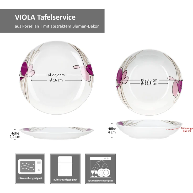 12tlg Tafelservice Viola Porzellan 6 Personen Speiseteller Suppenteller Blumen – Bild 7