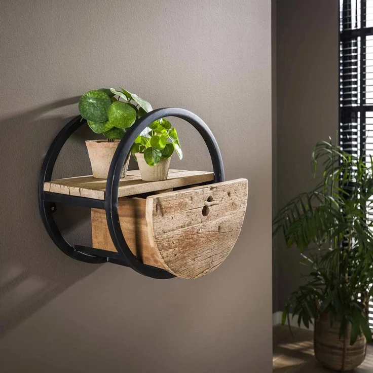 Wandregal Ronde Hartholz massiv, rundes Design mit Schublade, Natur, Ø 40 cm, nachhaltig – Bild 2