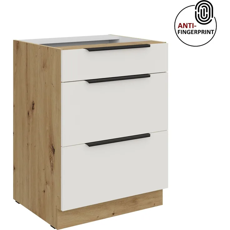 Küchen Unterschrank 60 cm Küche ARIA Weiss ultra matt + Eiche Artisan matt, hochwertige Fronten mit Anti Fingerprint Beschichtung, Soft-Close Küchenzeile Küchenblock