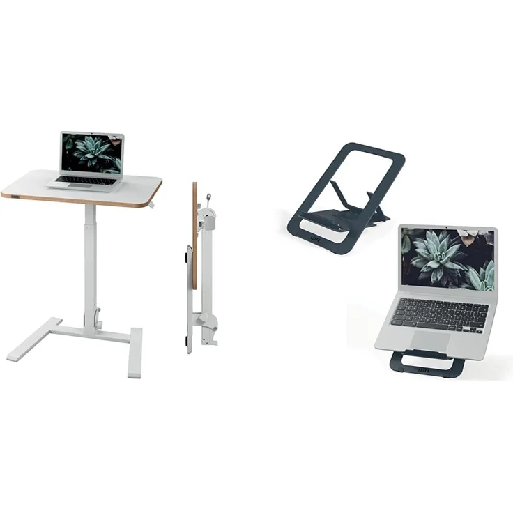 Leitz Set Ergo Klappbarer und höhenverstellbarer Schreibtisch + Aluminium Ultra-Flacher Laptopständer, Kompaktes Stehpult mit Tragegriff, Belastbar bis 20 kg, 65x48 cm, Weiß, 65880001 + 63460089