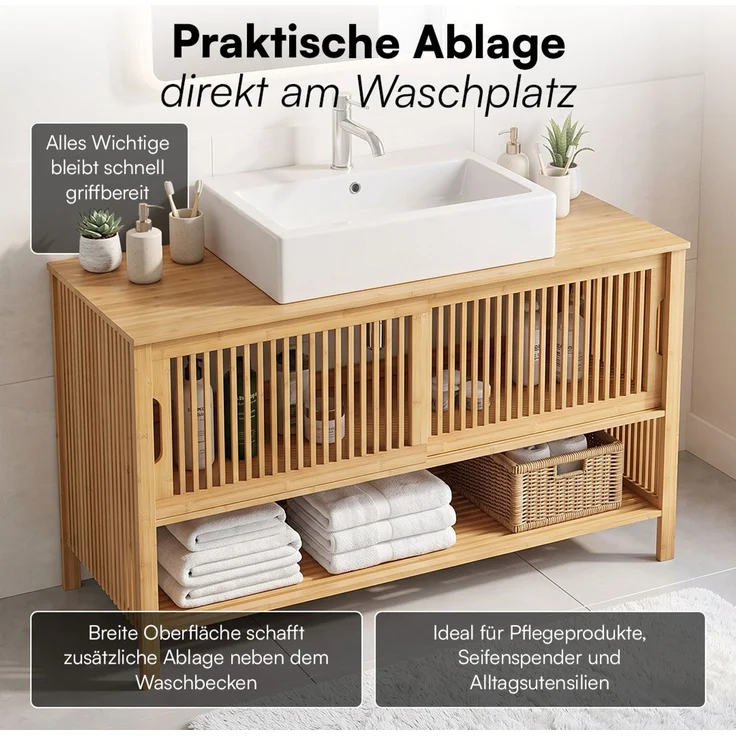 Bellamio 'Newa' Waschbeckenunterschrank, Bambus, natur, Badezimmerschrank mit 2 Ablagefächern und Schiebetüren – Bild 4