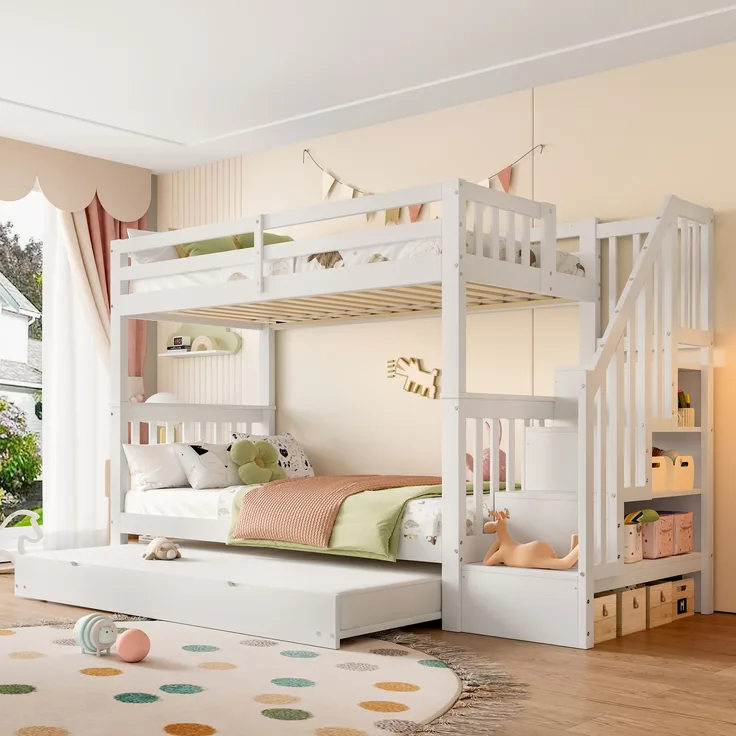 Etagenbett mit ausziehbarem Rollbett & Treppenregal, EN 747-1, weiß, 90x200 cm