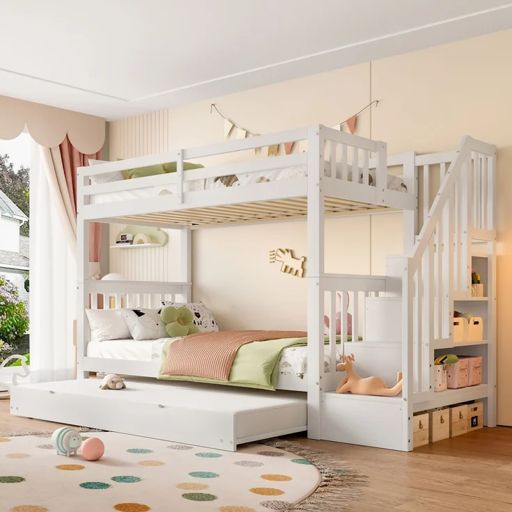 Etagenbett mit ausziehbarem Rollbett & Treppenregal, EN 747-1, weiß, 90x200 cm – Bild 1