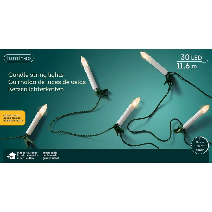 Lumineo LED-Lichterkette Lumineo Kerzen-Lichterkette 30 LED 11,6 m klassisch warm, grünes Kabel, 8h-Timer, Indoor/Outdoor, IP44-Schutz – Bild 1