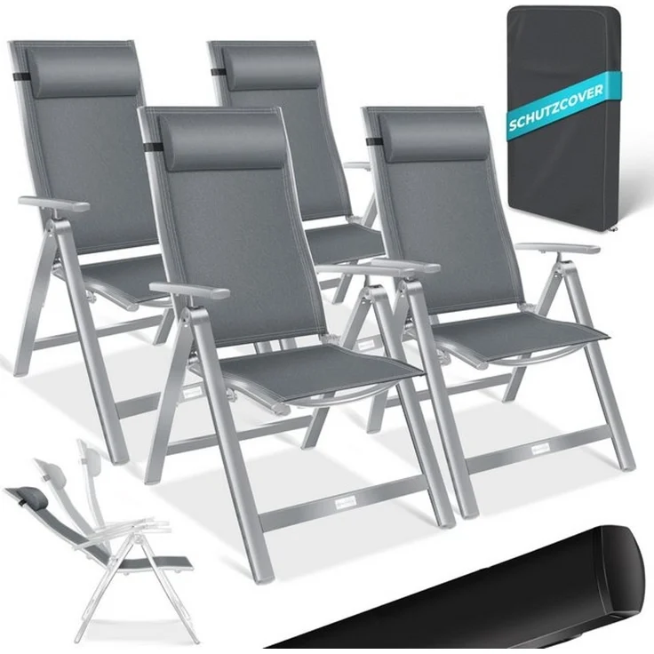 KESSER® Gartenstuhl Hochlehner mit Armlehnen | Aluminium Klappstuhl inkl. Kopfkissen Campingstuhl 7-Fach Verstellbar Rückenlehne | Atmungsaktiv & Wetterfest | Klappbar & Anti-Rutsch Hellgrau, 4 Stück – Bild 1