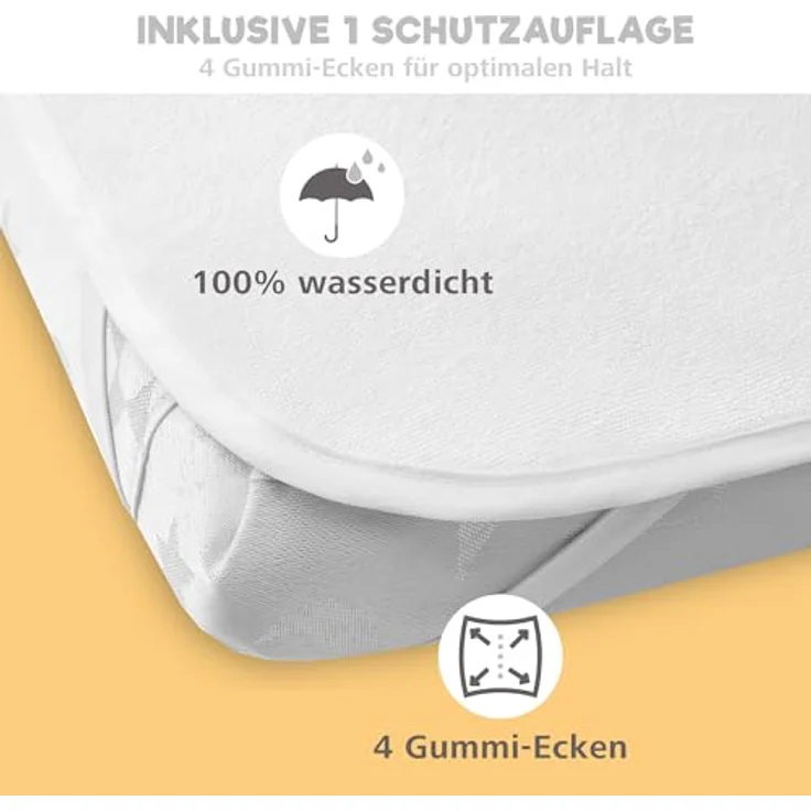 2X Spannbettlaken aus 100% Baumwolle mit Gummiband - 1X Matratzenschoner aus 100% wasserdichtem Material - 3er-Set - 50x83 cm - Savanne – Bild 5