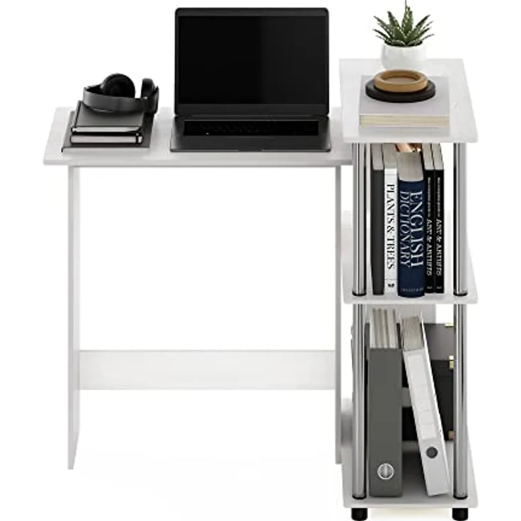 Furinno Abbott Eck-Computertisch mit Bücherregal, weiße Eiche, Edelstahlrohre – Bild 5